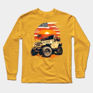 Vintage Summer 4th of July Jeep Beach Sunset Independence Day Long Sleeve T-Shirt